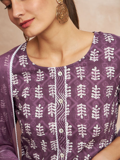 Purple Color Ethnic Motifs Printed Regular Pure Cotton Kurta with Trousers & With Dupatta