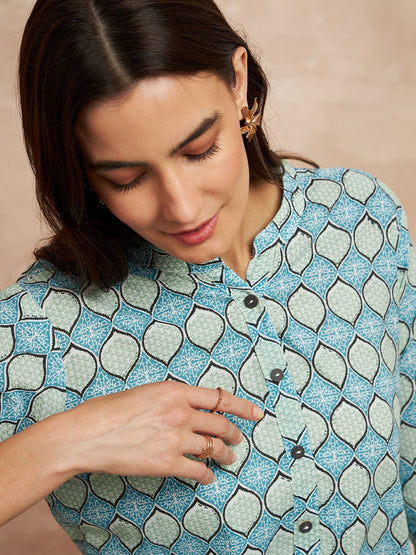 Sky Blue Ethnic Motifs Printed Straight Pure Cotton Kurta