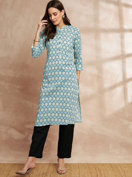 Sky Blue Ethnic Motifs Printed Straight Pure Cotton Kurta