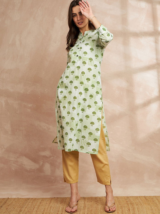 Green & White Color Floral Printed Straight Pure Cotton Kurta