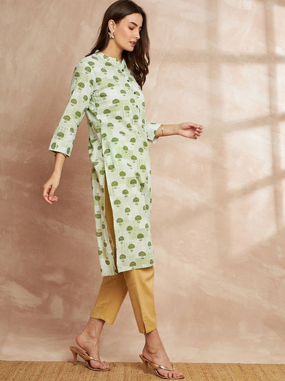 Green & White Color Floral Printed Straight Pure Cotton Kurta