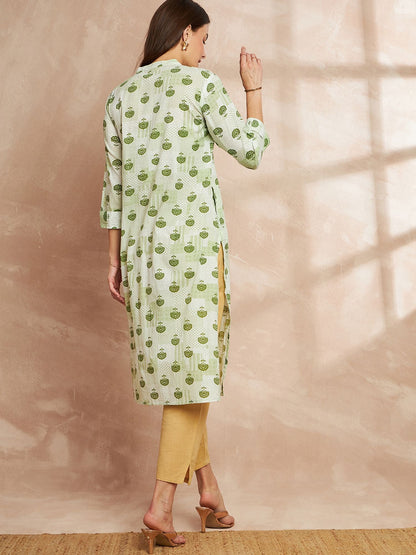 Green & White Color Floral Printed Straight Pure Cotton Kurta