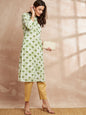 Green & White Color Floral Printed Straight Pure Cotton Kurta