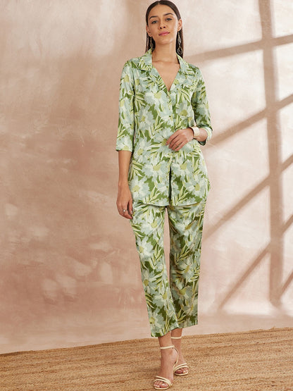 Green & White Color Floral Printed Top With Trousers