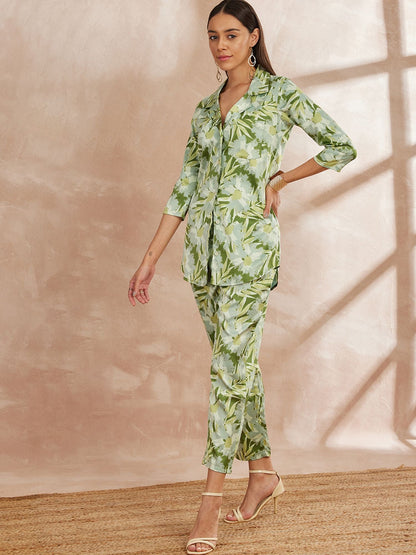Green & White Color Floral Printed Top With Trousers