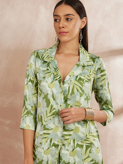 Green & White Color Floral Printed Top With Trousers