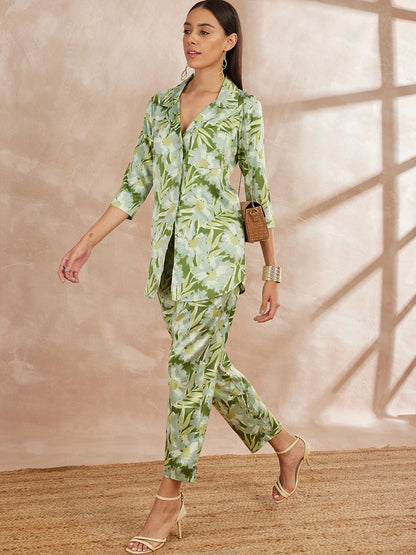 Green & White Color Floral Printed Top With Trousers