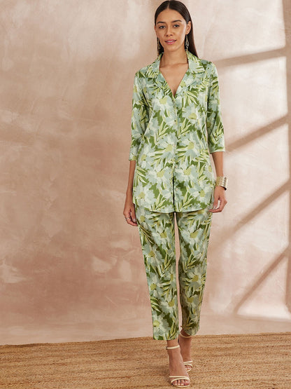 Green & White Color Floral Printed Top With Trousers