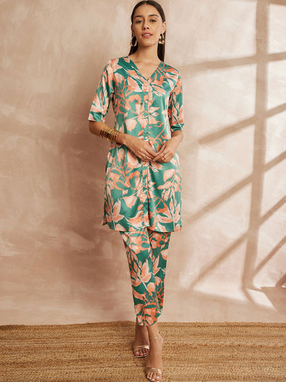 Green & Peach Color Floral Printed V-Neck Satin Tunic With Trouser