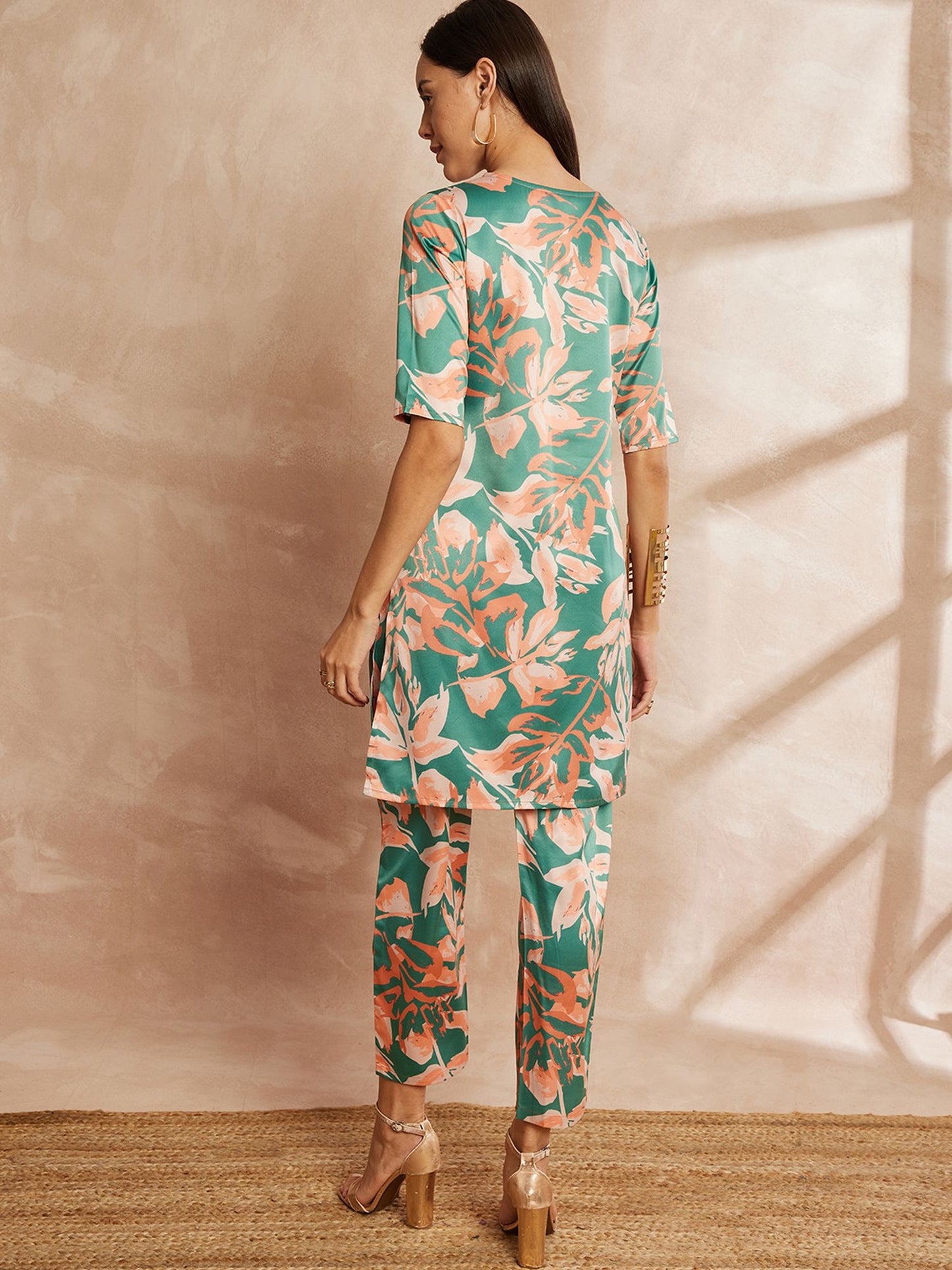 Green & Peach Color Floral Printed V-Neck Satin Tunic With Trouser