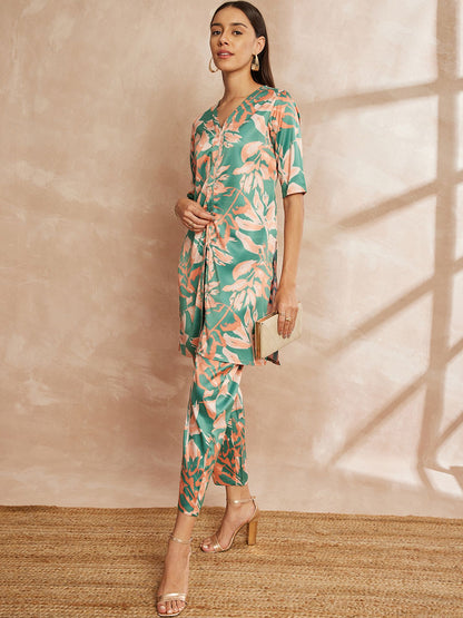Green & Peach Color Floral Printed V-Neck Satin Tunic With Trouser