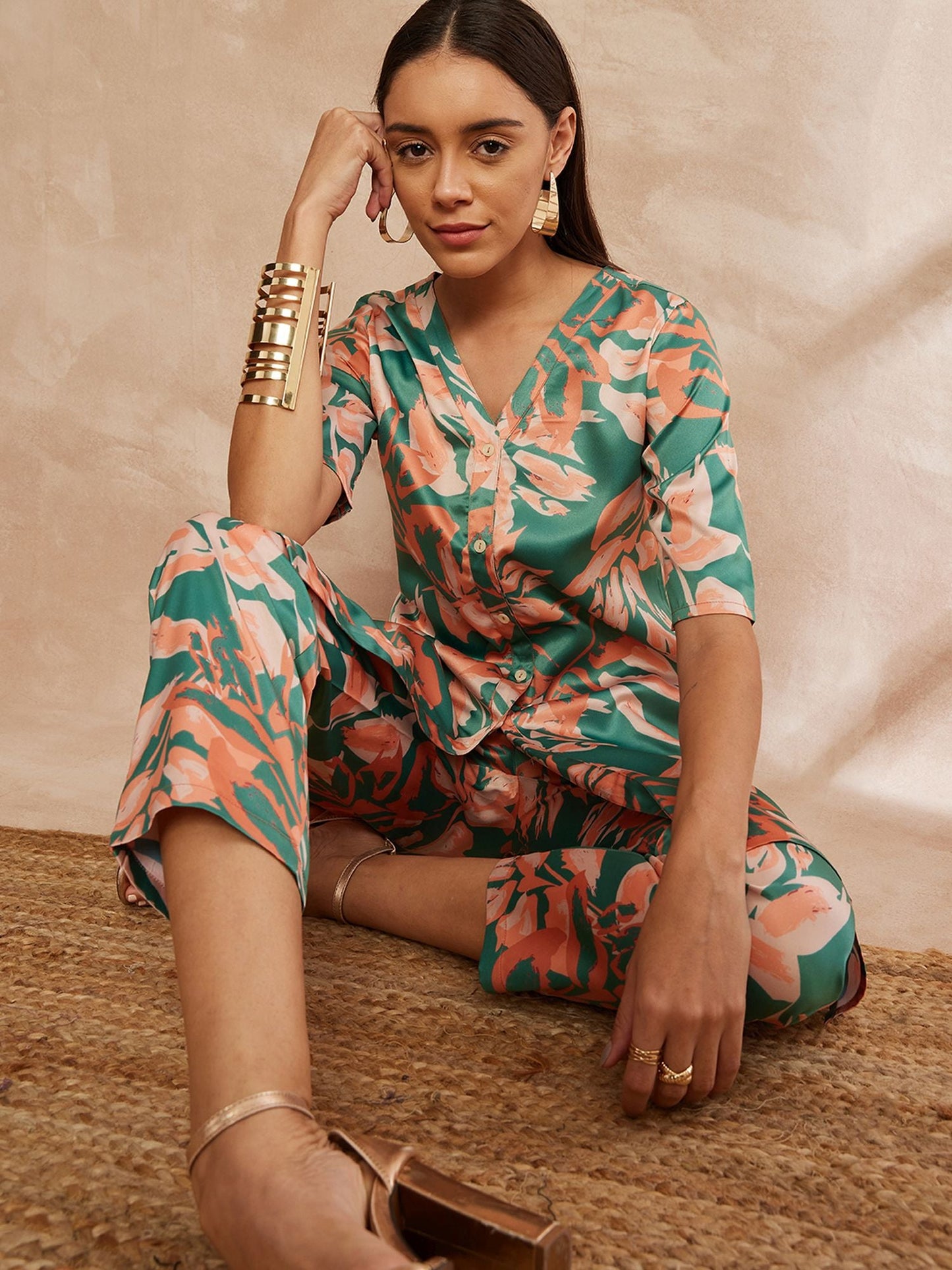Green & Peach Color Floral Printed V-Neck Satin Tunic With Trouser
