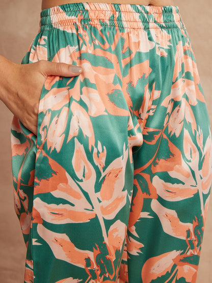 Green & Peach Color Floral Printed V-Neck Satin Tunic With Trouser