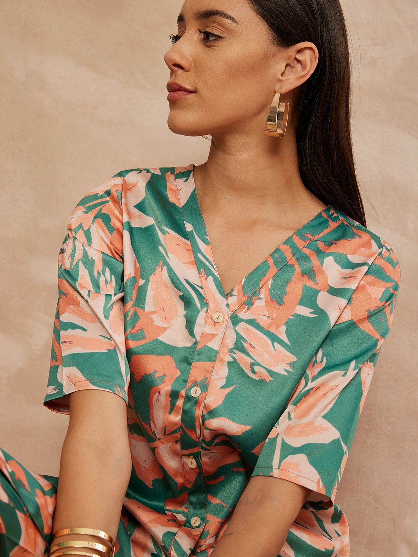 Green & Peach Color Floral Printed V-Neck Satin Tunic With Trouser