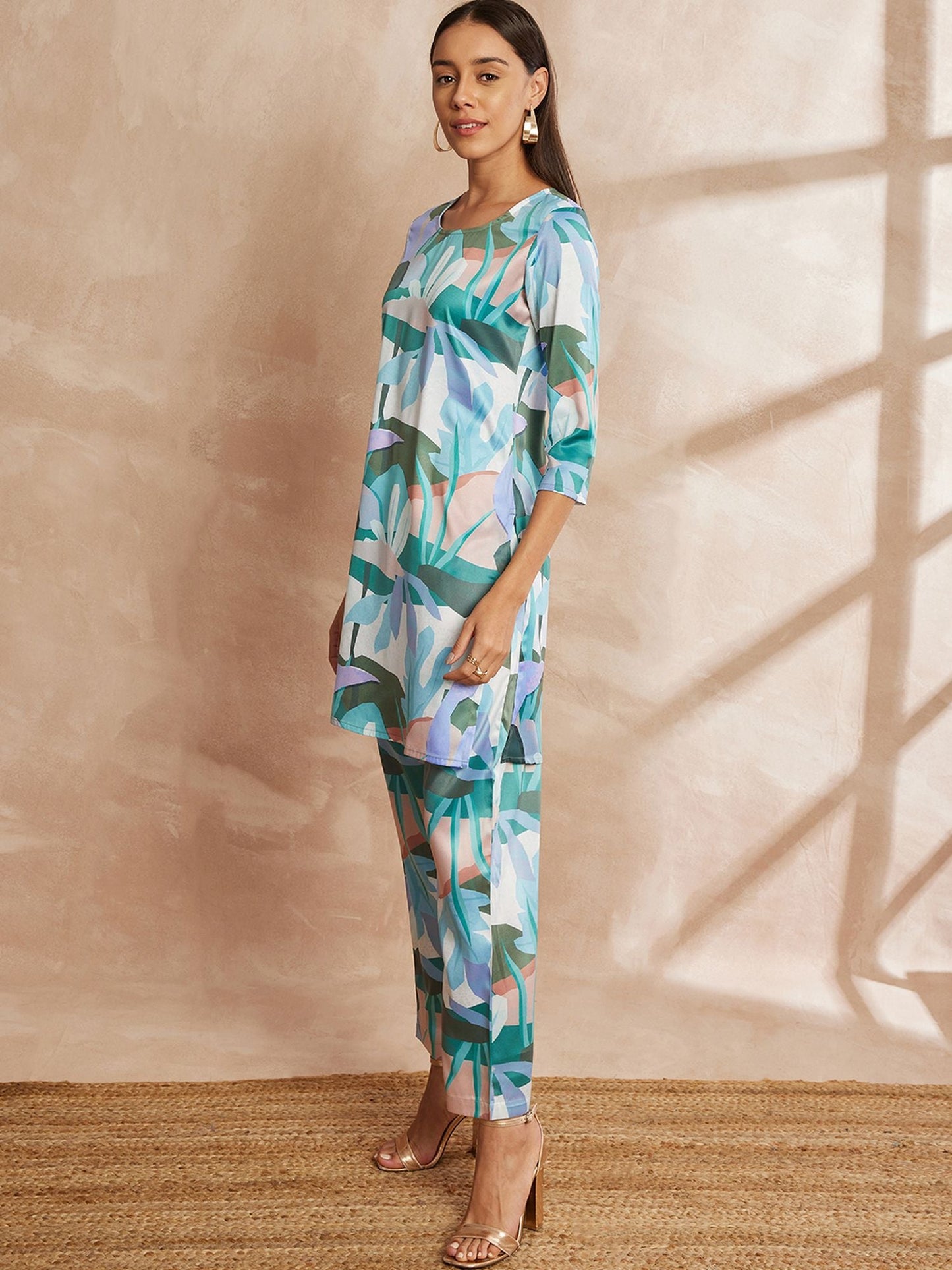 Multi Color Floral Printed Satin Tunic With Trouser