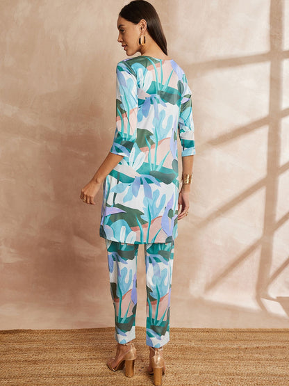 Multi Color Floral Printed Satin Tunic With Trouser