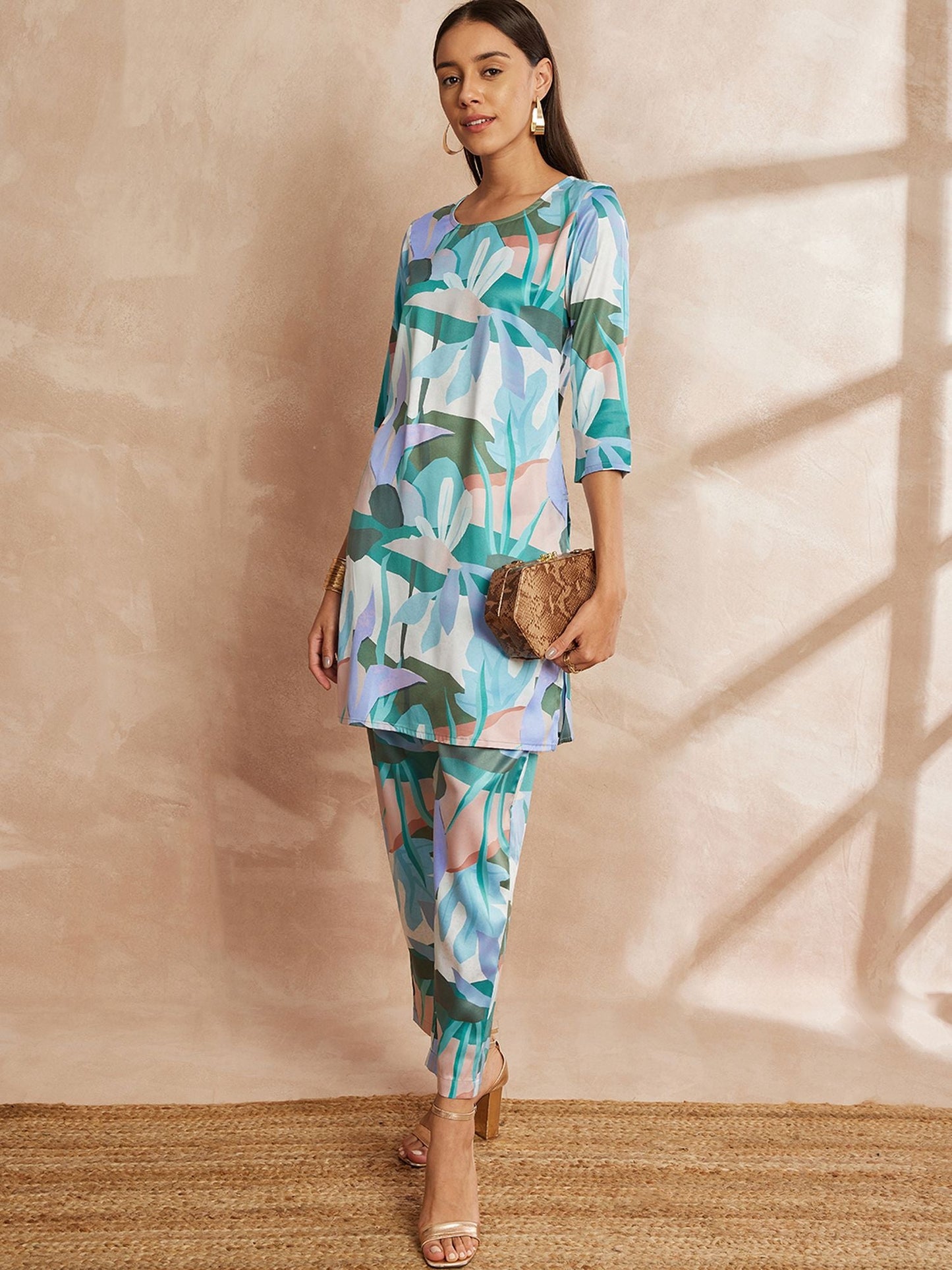 Multi Color Floral Printed Satin Tunic With Trouser