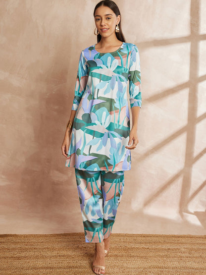Multi Color Floral Printed Satin Tunic With Trouser