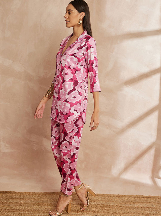 Pink Color Floral Printed Lapel Collar Shirt & Trousers