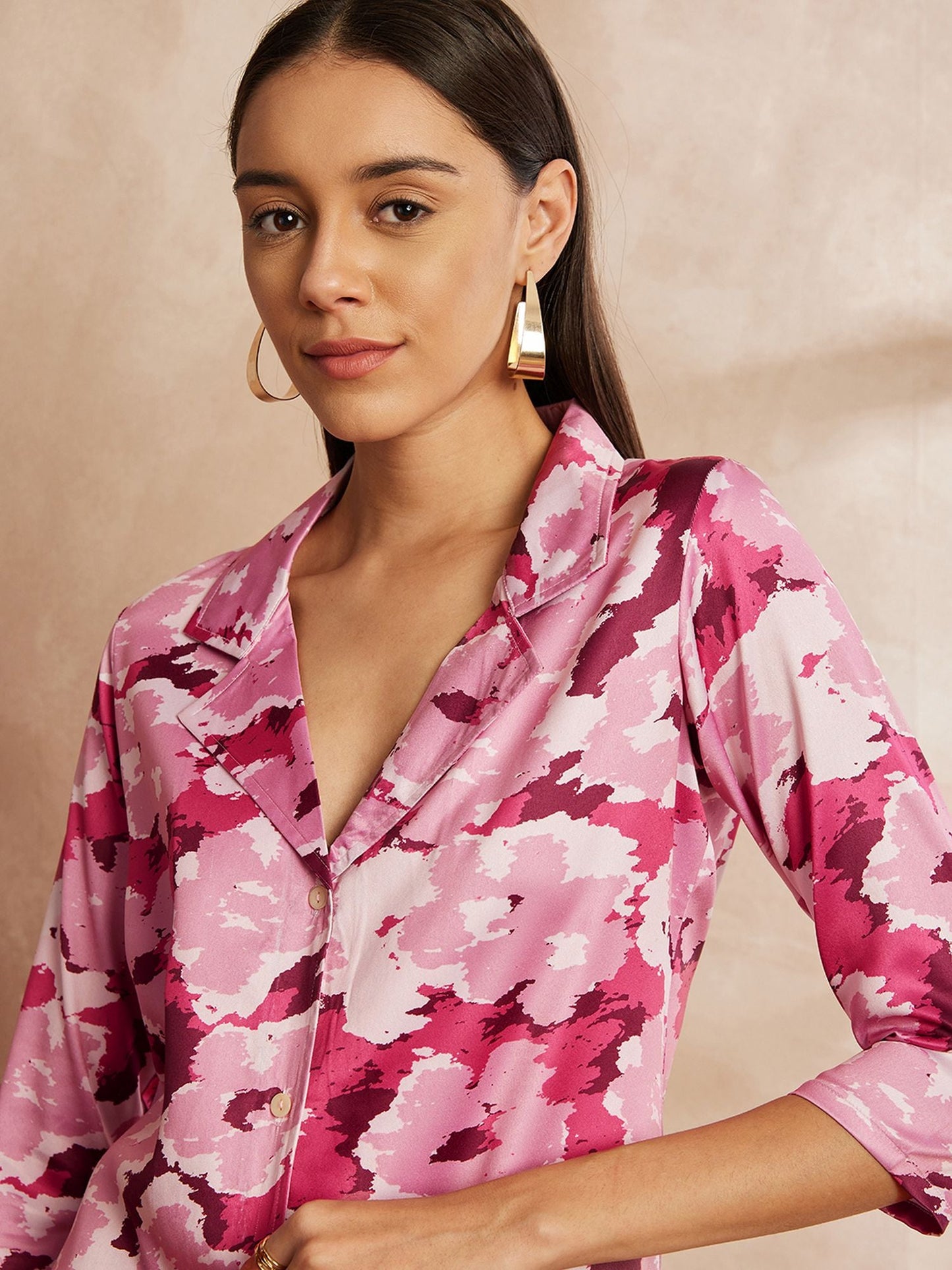 Pink Color Floral Printed Lapel Collar Shirt & Trousers