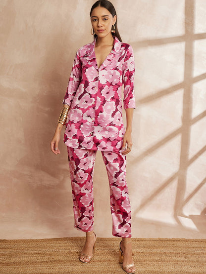 Pink Color Floral Printed Lapel Collar Shirt & Trousers