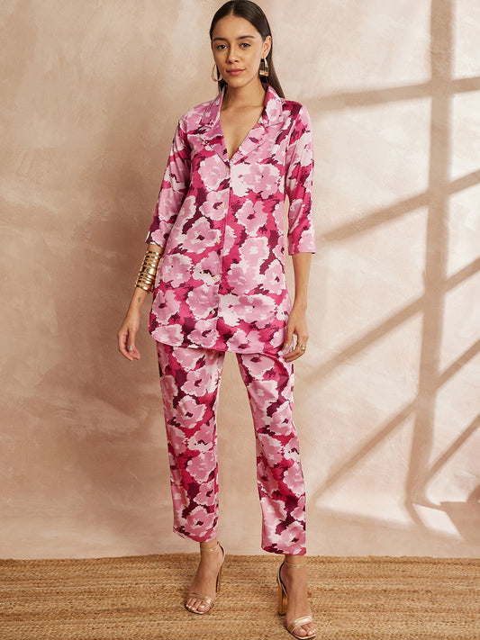 Pink Color Floral Printed Lapel Collar Shirt & Trousers