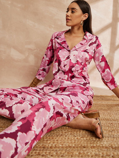 Pink Color Floral Printed Lapel Collar Shirt & Trousers