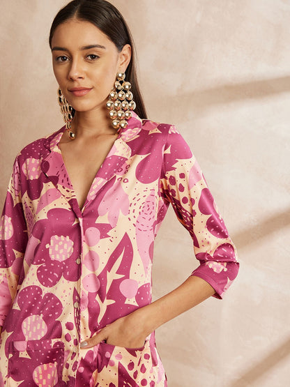 Rani Color Floral Printed Lapel Collar Shirt & Trousers