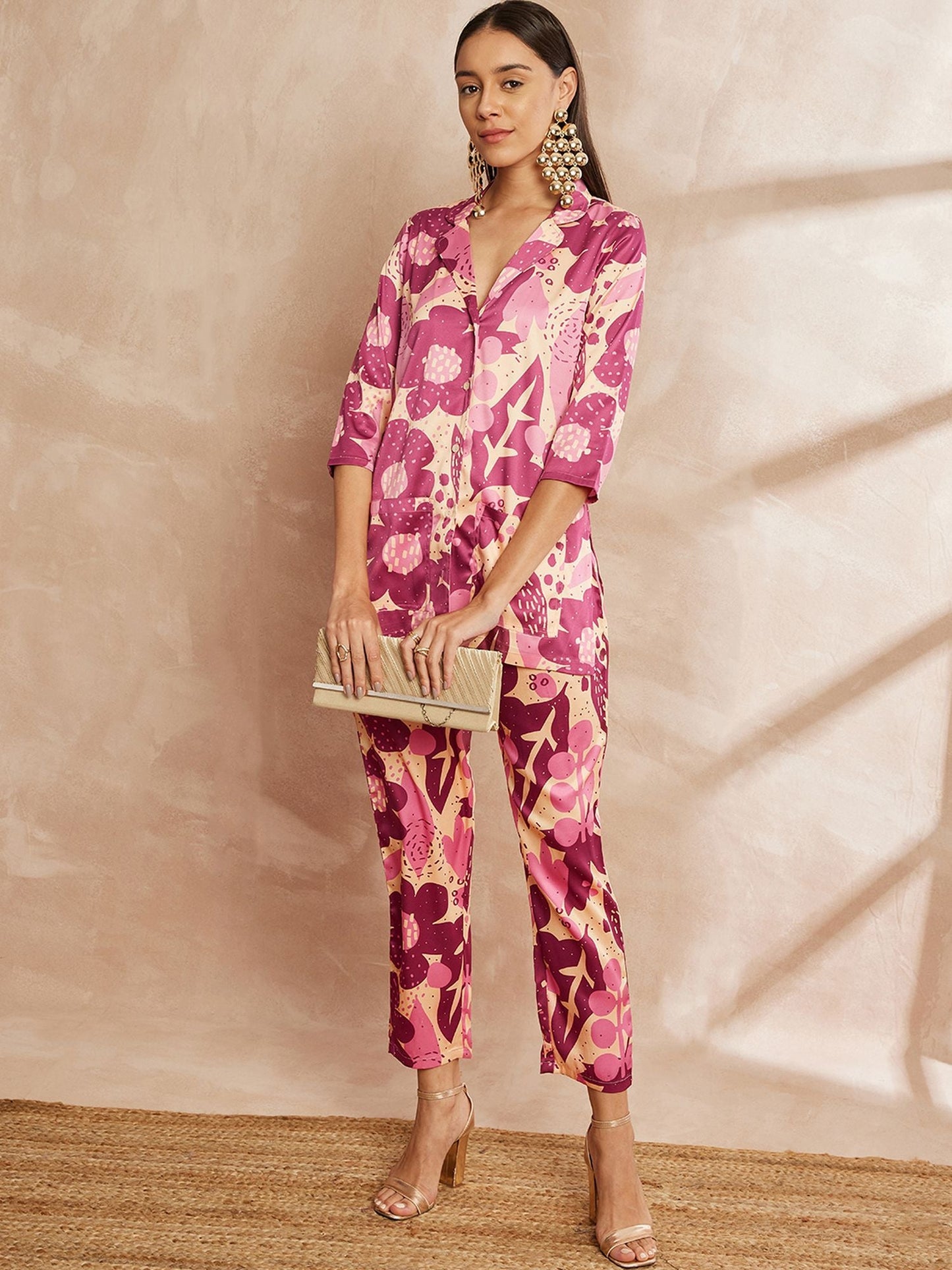 Rani Color Floral Printed Lapel Collar Shirt & Trousers