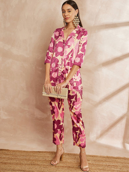 Rani Color Floral Printed Lapel Collar Shirt & Trousers
