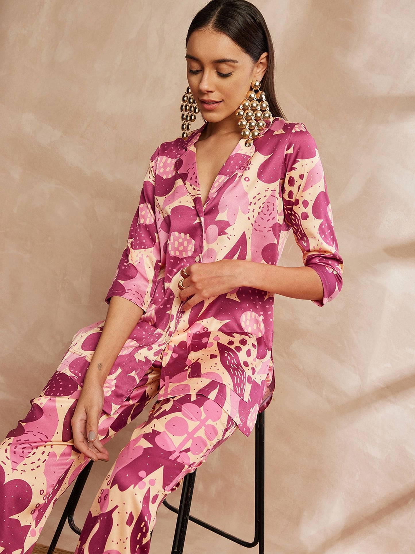 Rani Color Floral Printed Lapel Collar Shirt & Trousers