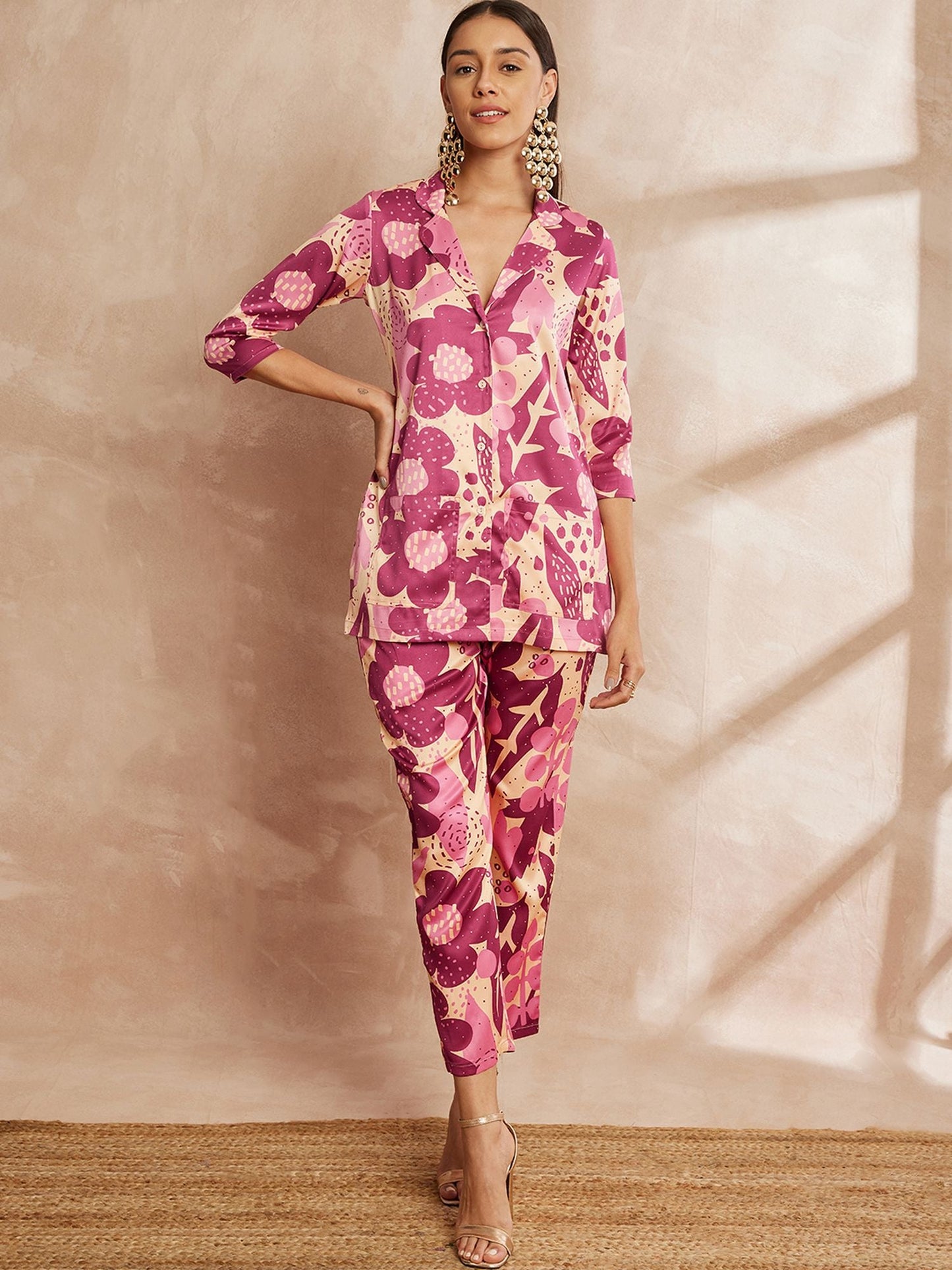 Rani Color Floral Printed Lapel Collar Shirt & Trousers