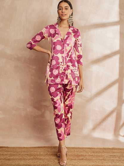 Rani Color Floral Printed Lapel Collar Shirt & Trousers