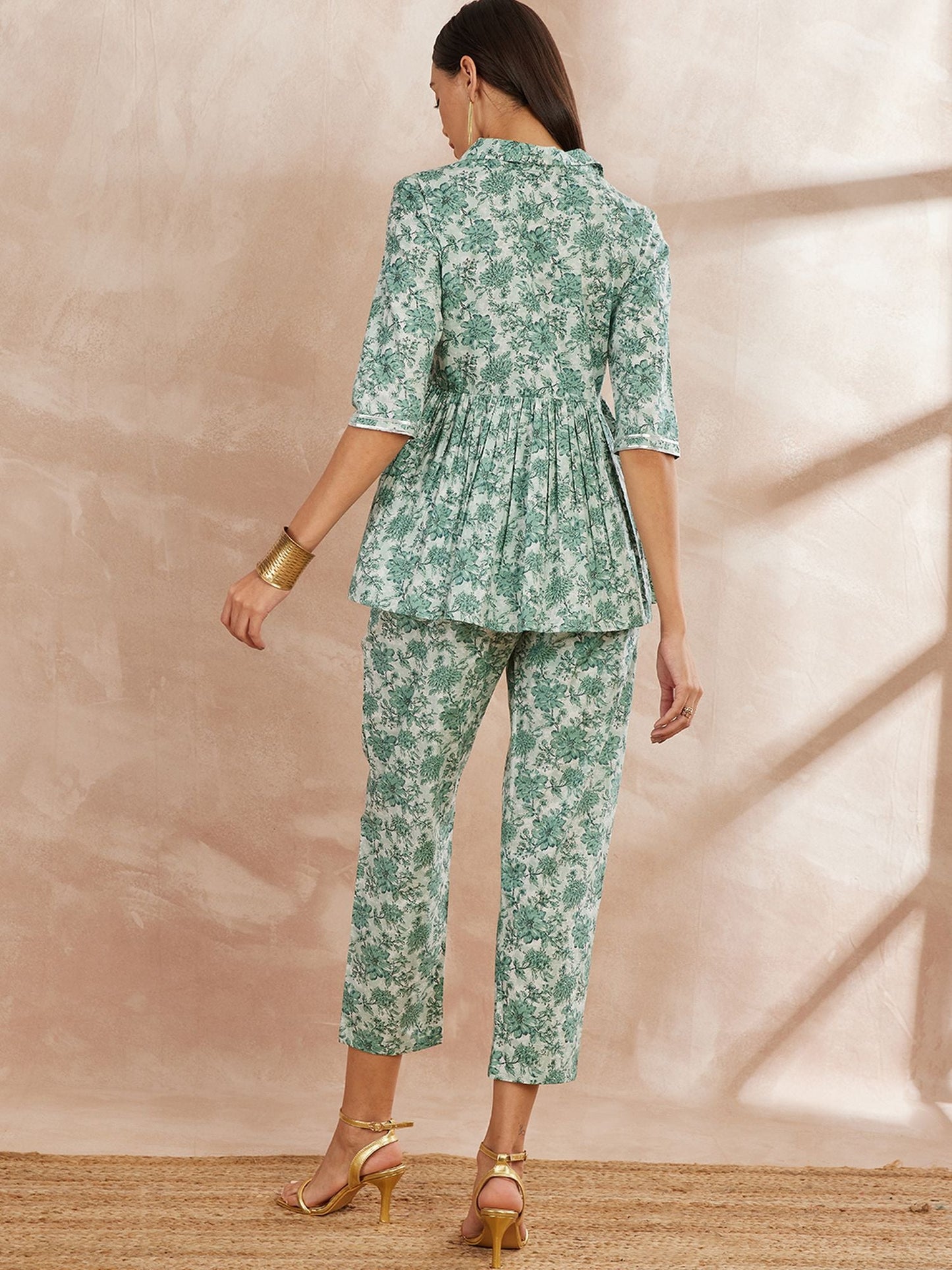 Green Color Floral Printed Pure Cotton Tunic With Trouser