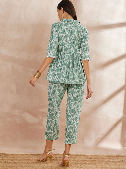 Green Color Floral Printed Pure Cotton Tunic With Trouser