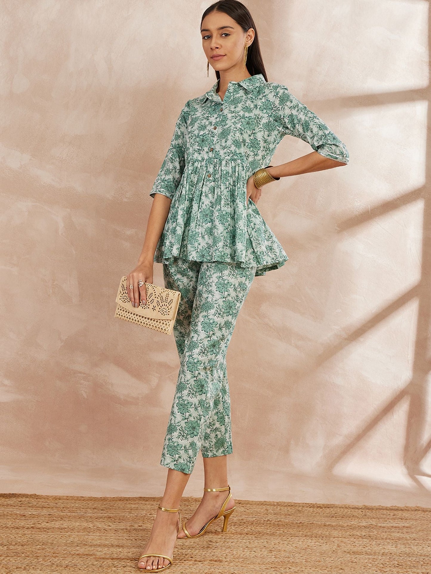 Green Color Floral Printed Pure Cotton Tunic With Trouser