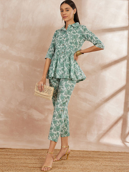 Green Color Floral Printed Pure Cotton Tunic With Trouser