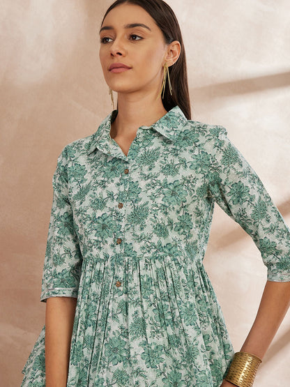 Green Color Floral Printed Pure Cotton Tunic With Trouser