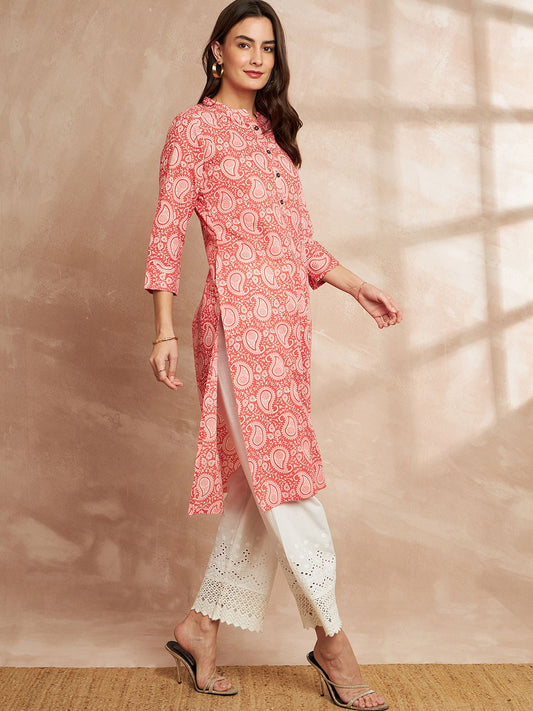 Orange Color Paisley Printed Mandarin Collar Cotton Kurta