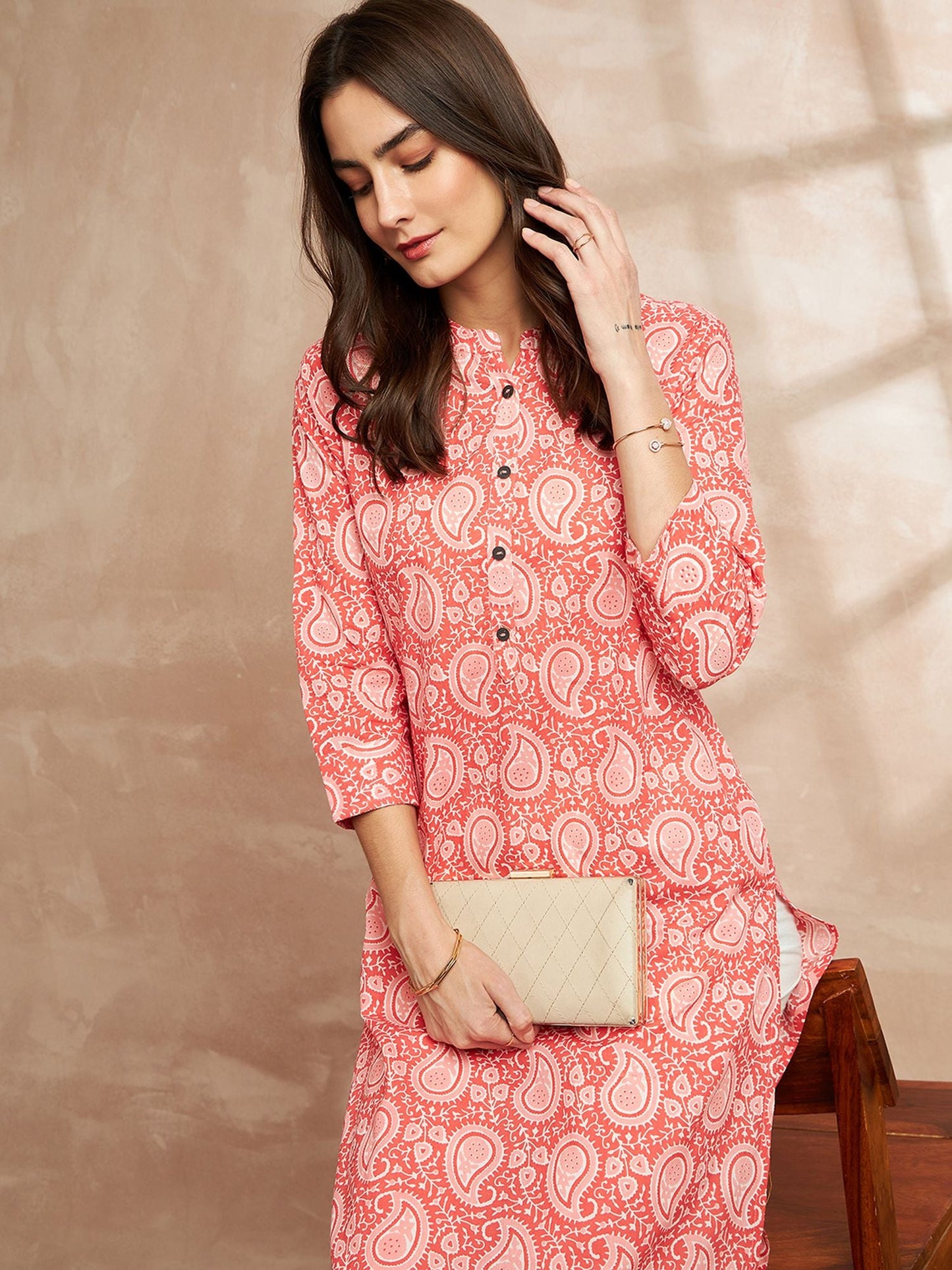 Orange Color Paisley Printed Mandarin Collar Cotton Kurta
