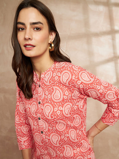 Orange Color Paisley Printed Mandarin Collar Cotton Kurta