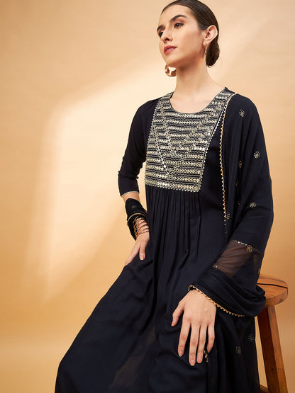Black Color Embroidered Mirror Work Pleated Round Neck Kurta with Trouser & Dupatta