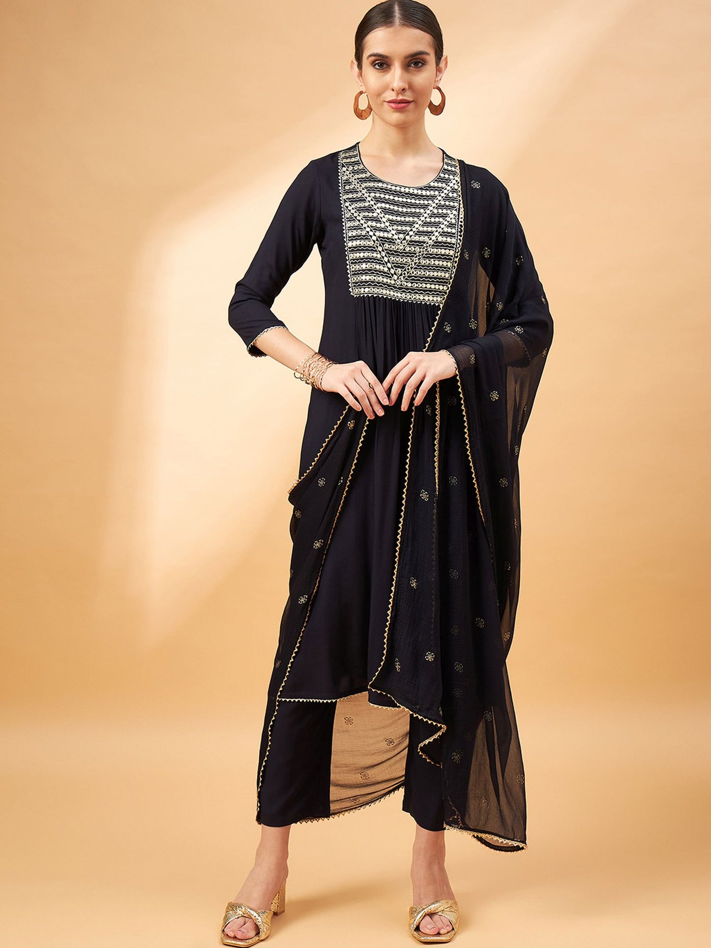 Black Color Embroidered Mirror Work Pleated Round Neck Kurta with Trouser & Dupatta