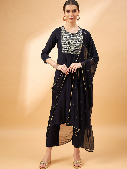 Black Color Embroidered Mirror Work Pleated Round Neck Kurta with Trouser & Dupatta