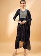 Black Color Embroidered Mirror Work Pleated Round Neck Kurta with Trouser & Dupatta