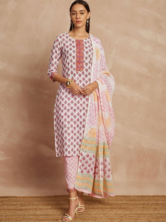Pink Color Ethnic Motifs Printed Pure Cotton Straight Kurta & Trousers With Dupatta
