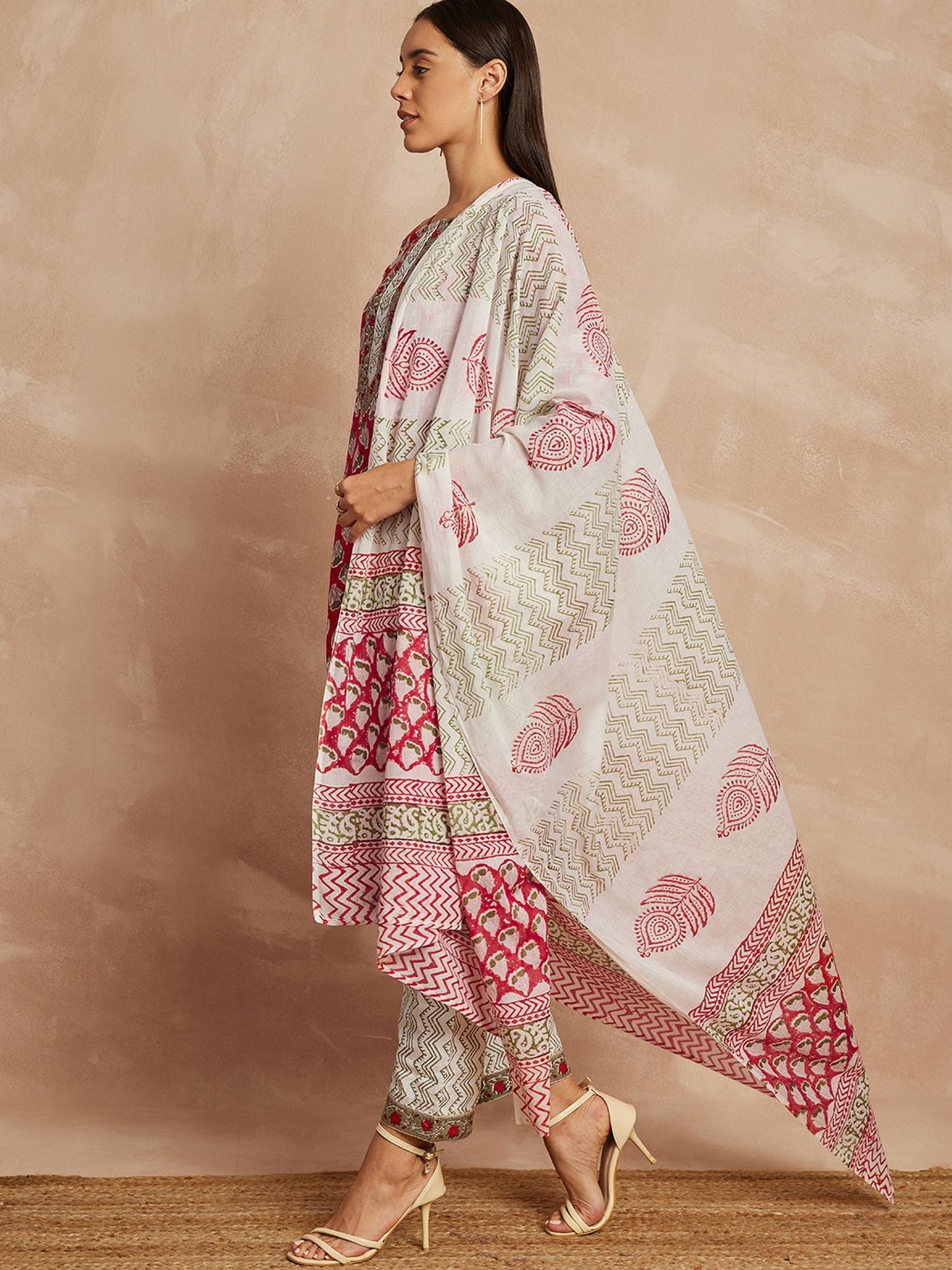 Maroon Color Ethnic Motifs Printed Pure Cotton Straight Kurta & Trousers With Dupatta