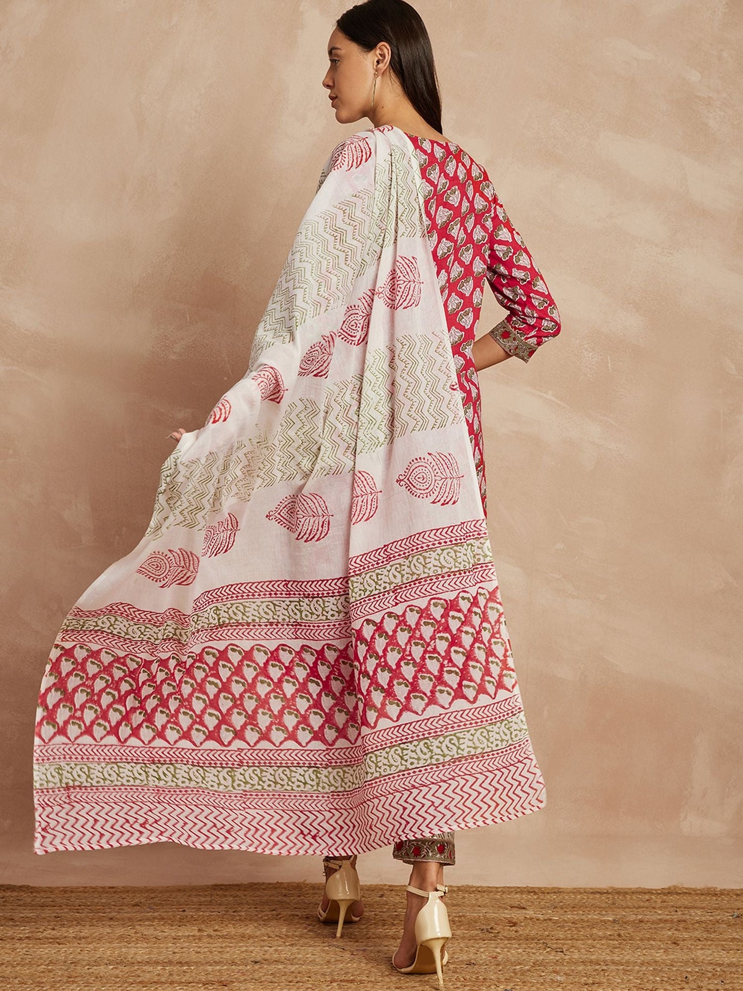 Maroon Color Ethnic Motifs Printed Pure Cotton Straight Kurta & Trousers With Dupatta