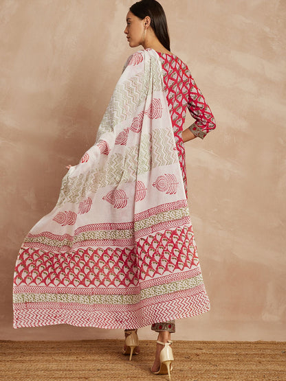 Maroon Color Ethnic Motifs Printed Pure Cotton Straight Kurta & Trousers With Dupatta