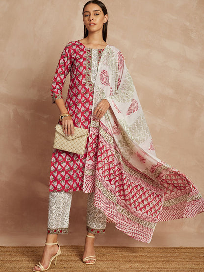 Maroon Color Ethnic Motifs Printed Pure Cotton Straight Kurta & Trousers With Dupatta